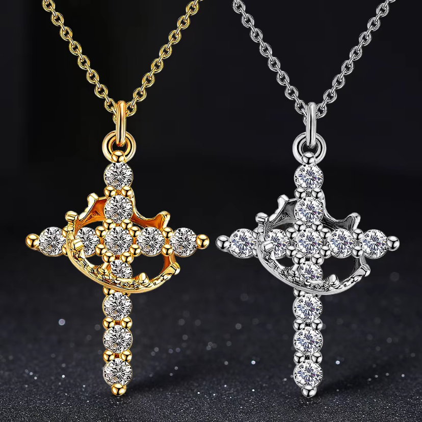 Jesus' Blessing Rotating Crown Cross Necklace | 18K Gold Plated Diamond Faith Jewelry | Perfect for Communion, Baptism, and Special Gifts