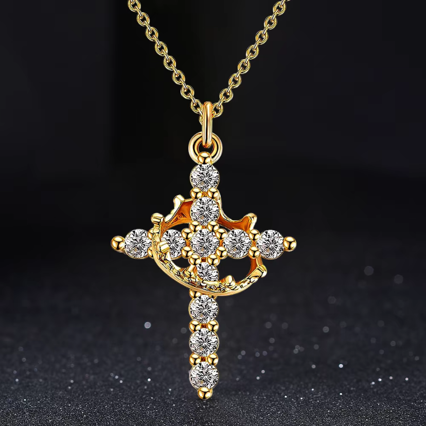 Jesus' Blessing Rotating Crown Cross Necklace | 18K Gold Plated Diamond Faith Jewelry | Perfect for Communion, Baptism, and Special Gifts