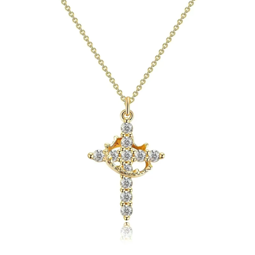 Jesus' Blessing Rotating Crown Cross Necklace | 18K Gold Plated Diamond Faith Jewelry | Perfect for Communion, Baptism, and Special Gifts