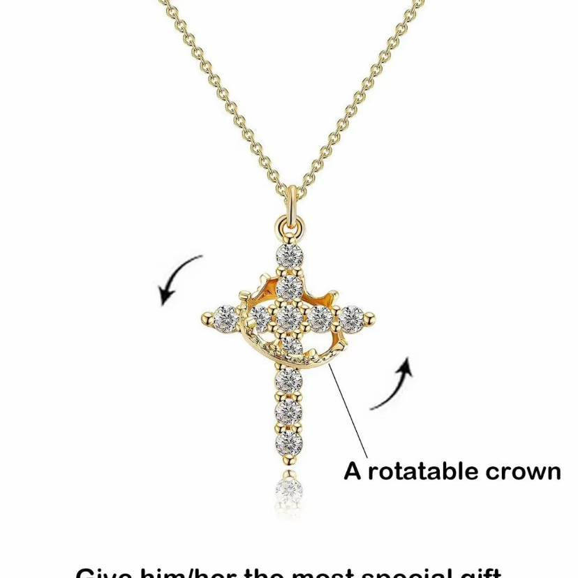 Jesus' Blessing Rotating Crown Cross Necklace | 18K Gold Plated Diamond Faith Jewelry | Perfect for Communion, Baptism, and Special Gifts