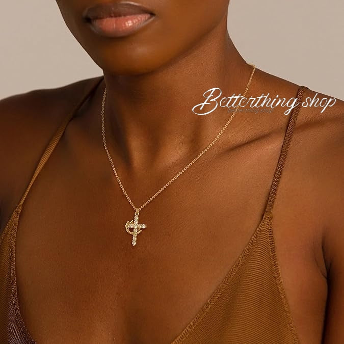 Jesus' Blessing Rotating Crown Cross Necklace | 18K Gold Plated Diamond Faith Jewelry | Perfect for Communion, Baptism, and Special Gifts