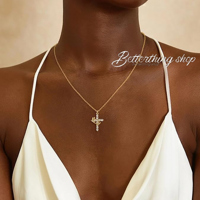 Jesus' Blessing Rotating Crown Cross Necklace | 18K Gold Plated Diamond Faith Jewelry | Perfect for Communion, Baptism, and Special Gifts