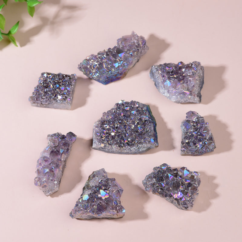 Electroplated Purple Amethyst Cluster: Natural Crystal Cluster with Purple Coating, Decorative Ornament.