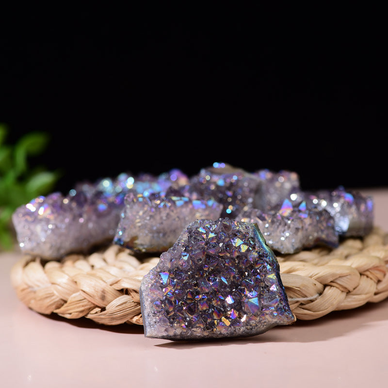 Electroplated Purple Amethyst Cluster: Natural Crystal Cluster with Purple Coating, Decorative Ornament.