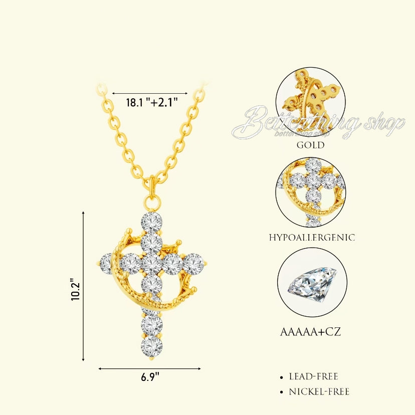 Jesus' Blessing Rotating Crown Cross Necklace | 18K Gold Plated Diamond Faith Jewelry | Perfect for Communion, Baptism, and Special Gifts