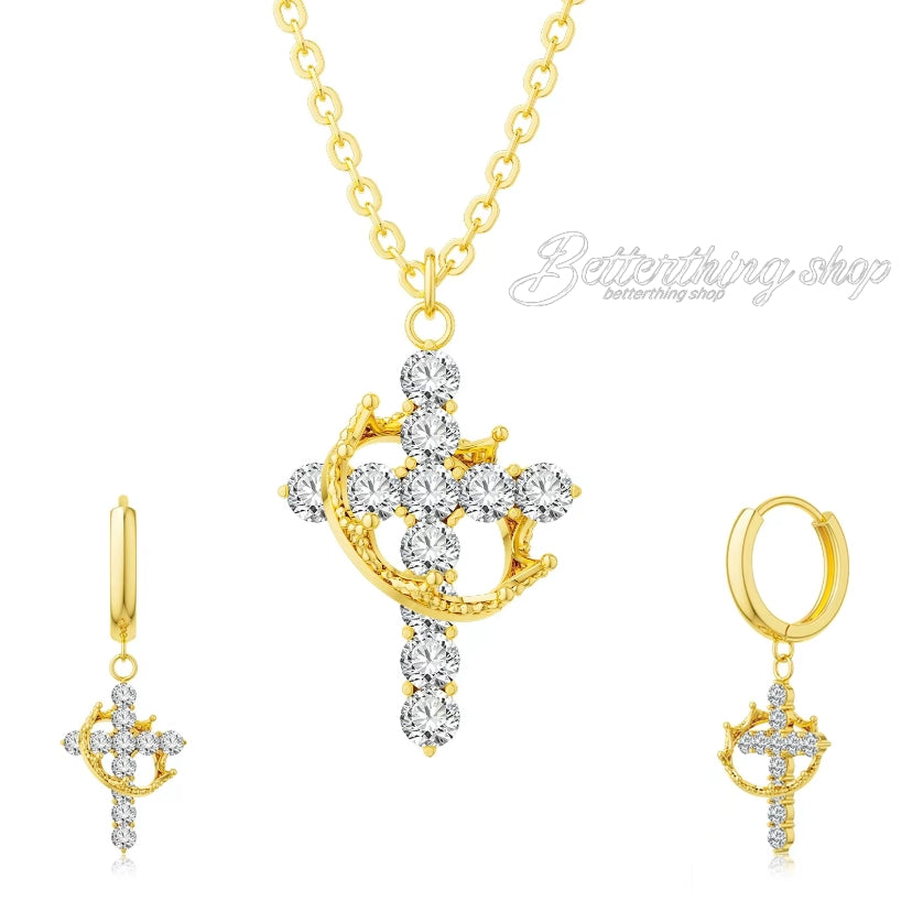 Jesus' Blessing Rotating Crown Cross Necklace | 18K Gold Plated Diamond Faith Jewelry | Perfect for Communion, Baptism, and Special Gifts