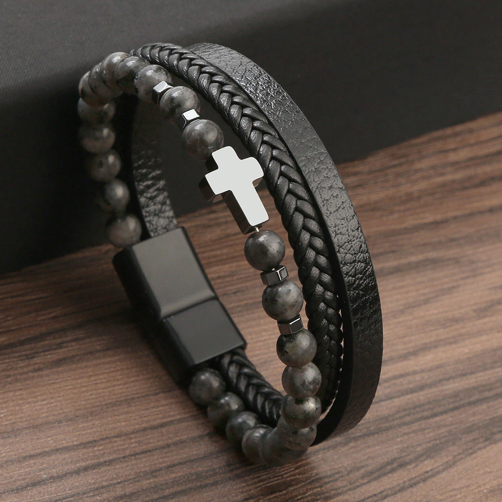 Natural Stone Stainless Steel Bracelet with Tiger's Eye and Men's Cross Charm.