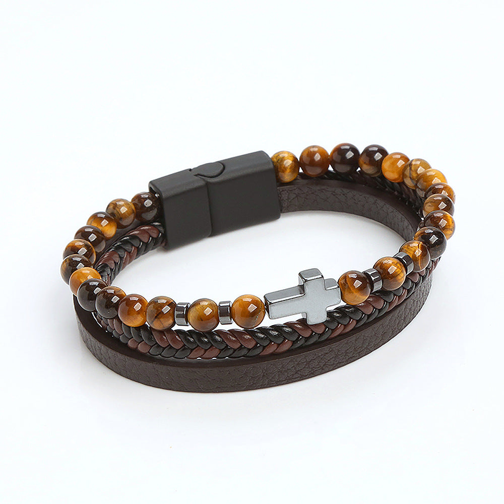 Natural Stone Stainless Steel Bracelet with Tiger's Eye and Men's Cross Charm.