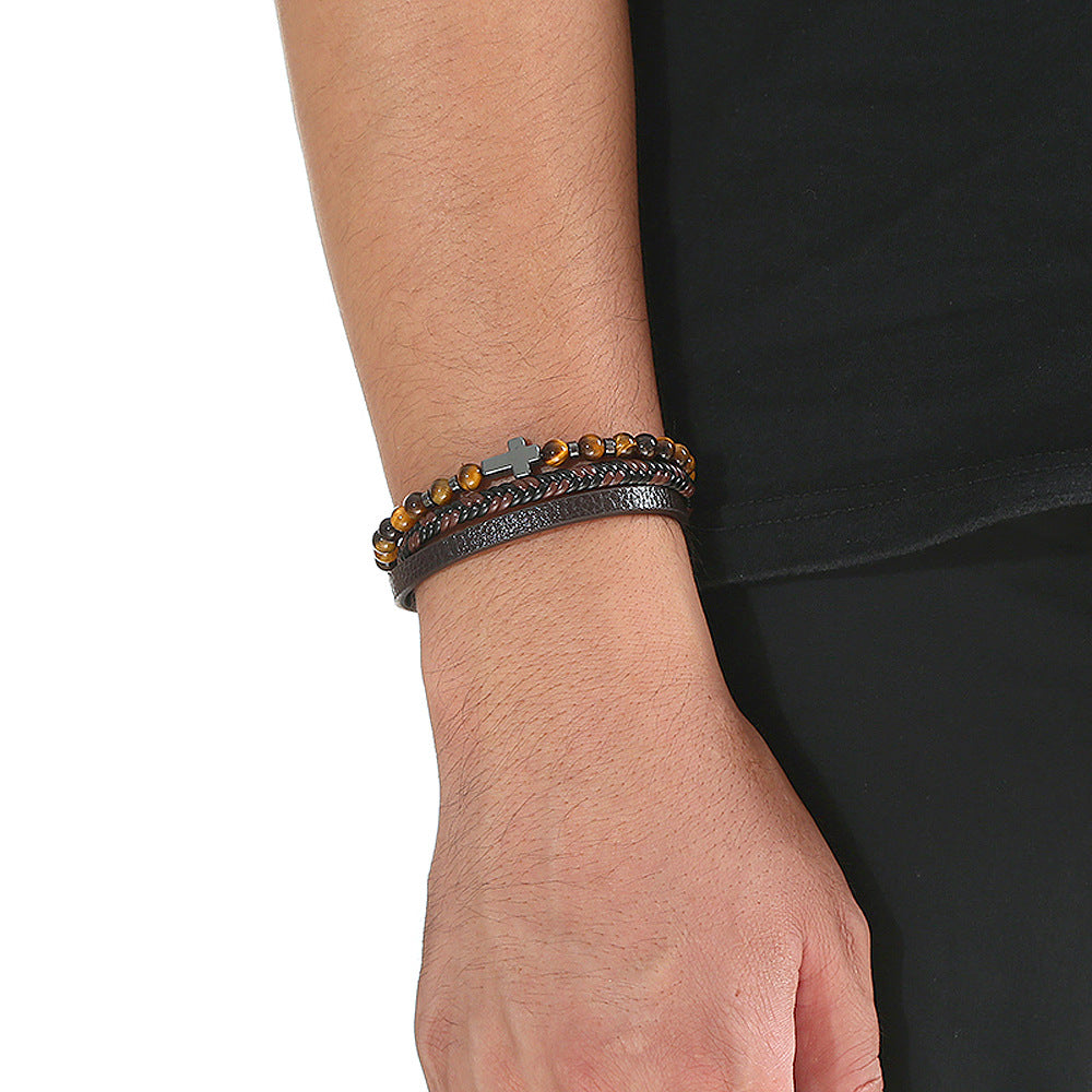 Natural Stone Stainless Steel Bracelet with Tiger's Eye and Men's Cross Charm.