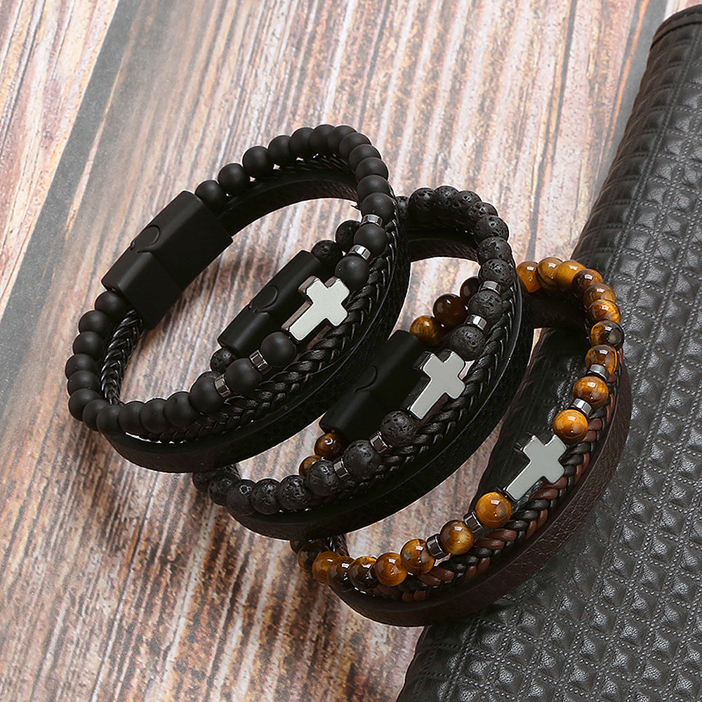 Natural Stone Stainless Steel Bracelet with Tiger's Eye and Men's Cross Charm.