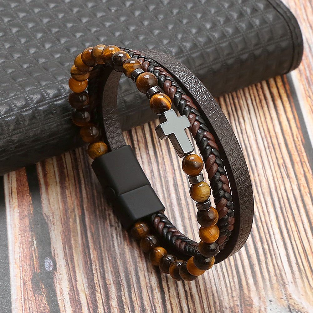 Natural Stone Stainless Steel Bracelet with Tiger's Eye and Men's Cross Charm.