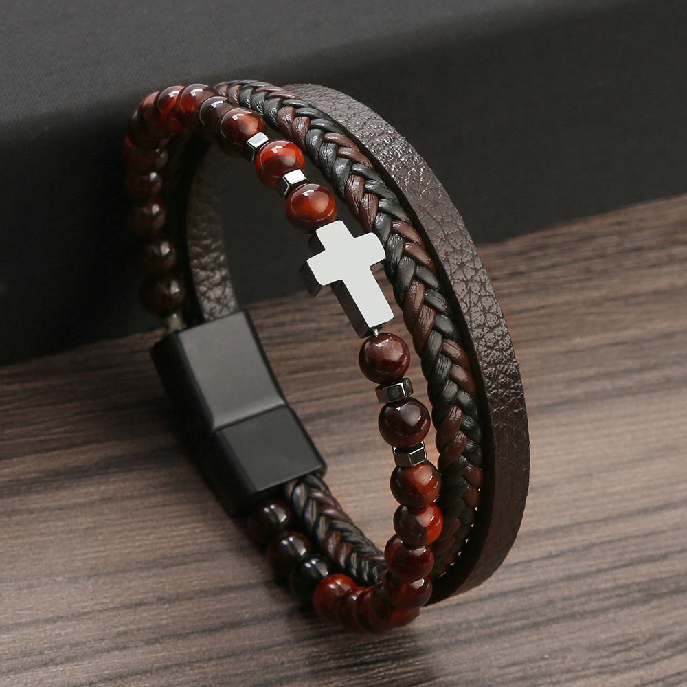 Natural Stone Stainless Steel Bracelet with Tiger's Eye and Men's Cross Charm.