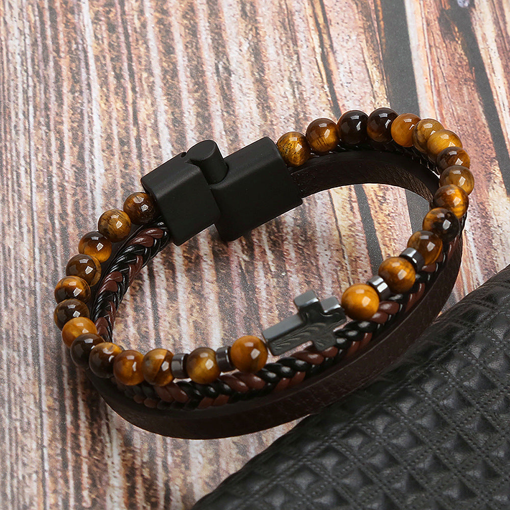 Natural Stone Stainless Steel Bracelet with Tiger's Eye and Men's Cross Charm.