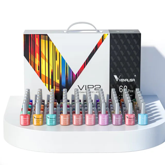 Venalisa VIP Kit Great Coverage Soak Off UV LED Nail Gel Polish Set Base Long Wear Top Coat Color Palette 60 Colors 7.5ml