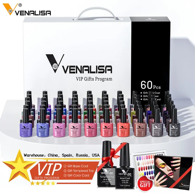 Venalisa VIP Kit Great Coverage Soak Off UV LED Nail Gel Polish Set Base Long Wear Top Coat Color Palette 60 Colors 7.5ml