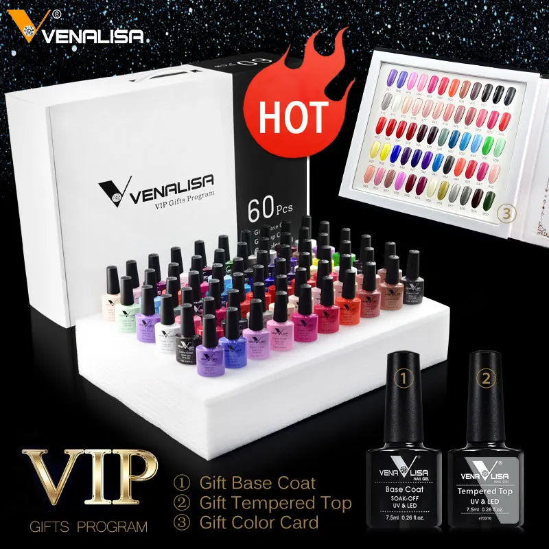 Venalisa VIP Kit Great Coverage Soak Off UV LED Nail Gel Polish Set Base Long Wear Top Coat Color Palette 60 Colors 7.5ml