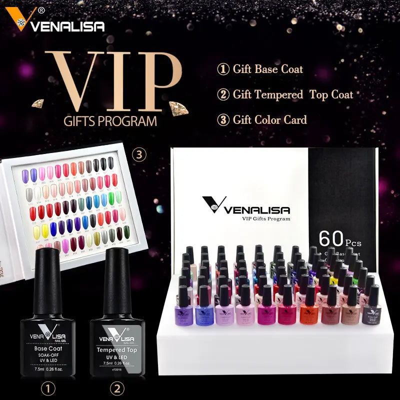 Venalisa VIP Kit Great Coverage Soak Off UV LED Nail Gel Polish Set Base Long Wear Top Coat Color Palette 60 Colors 7.5ml