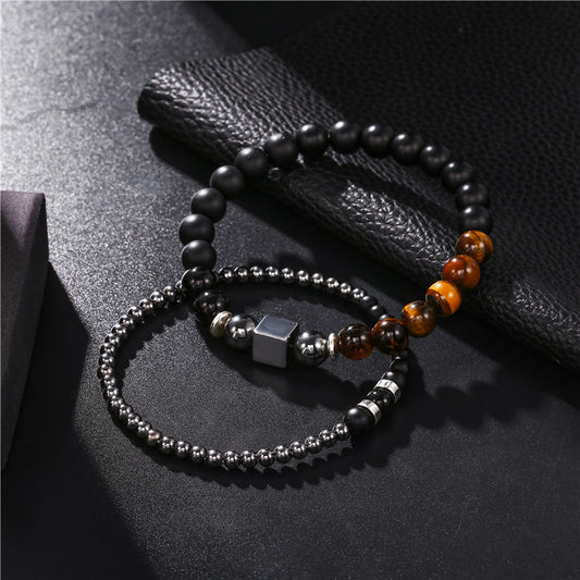 8mm Black Matte Tiger Eye Stone and 4mm Hematite Square Bead Stretch Bracelet Set