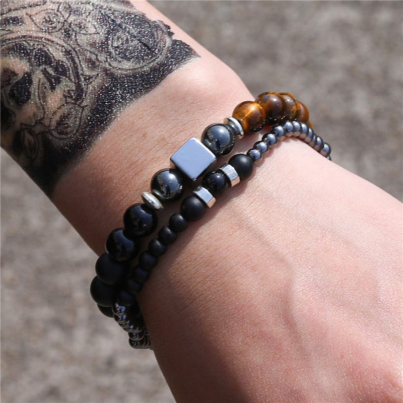 8mm Black Matte Tiger Eye Stone and 4mm Hematite Square Bead Stretch Bracelet Set