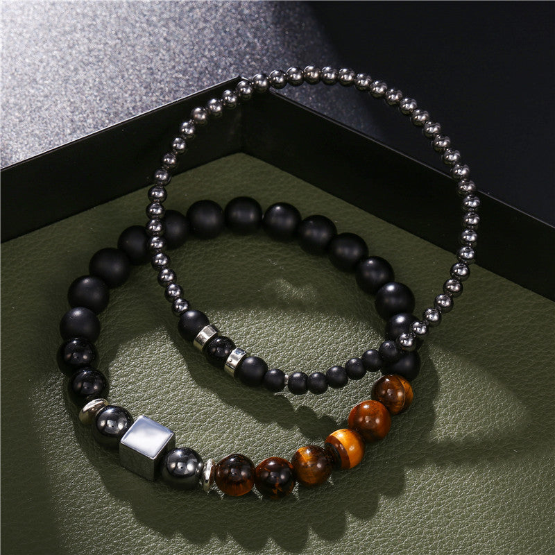 8mm Black Matte Tiger Eye Stone and 4mm Hematite Square Bead Stretch Bracelet Set