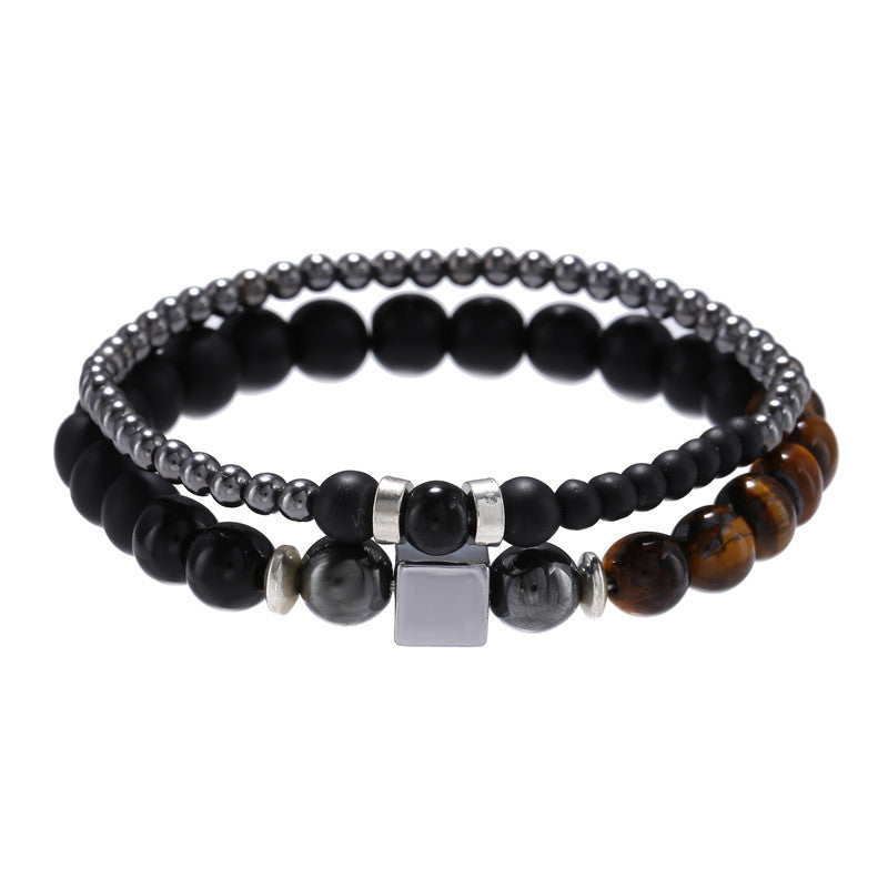 8mm Black Matte Tiger Eye Stone and 4mm Hematite Square Bead Stretch Bracelet Set