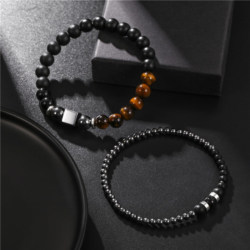 8mm Black Matte Tiger Eye Stone and 4mm Hematite Square Bead Stretch Bracelet Set