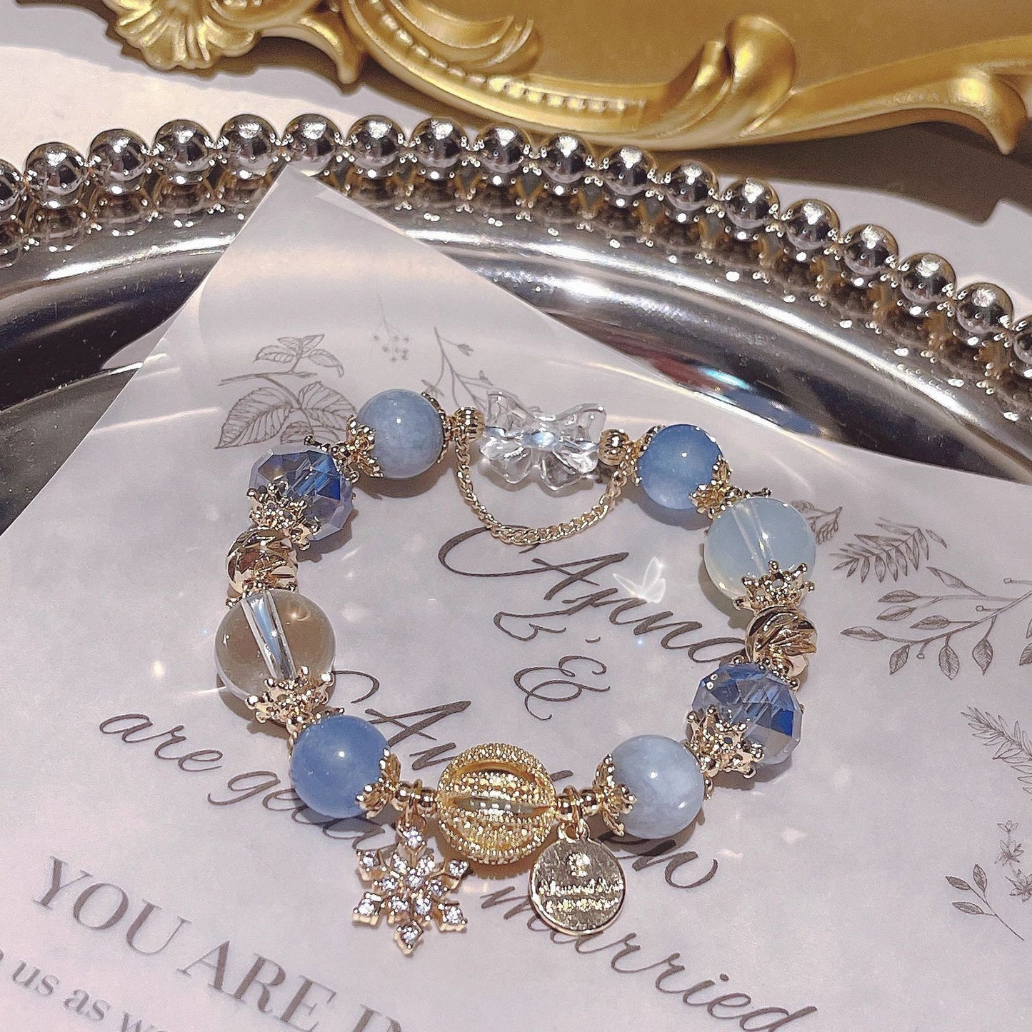 Fairytale Aquamarine and White Crystal Bracelet - Unique Bride's Gift with Icy Snowflake and Starry Sky Design