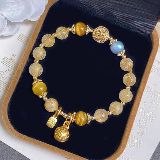 Natural Yellow Citrine and Golden Rutilated Quartz Bracelet