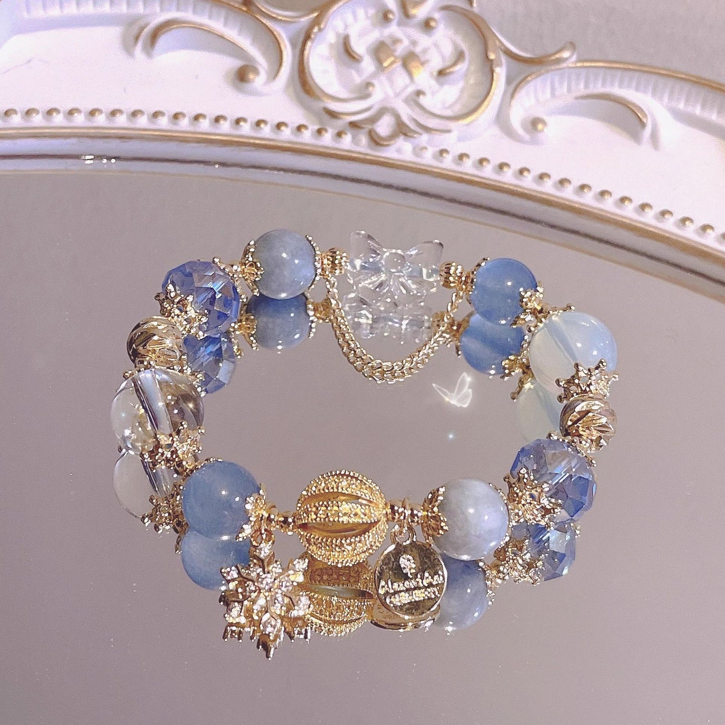 Fairytale Aquamarine and White Crystal Bracelet - Unique Bride's Gift with Icy Snowflake and Starry Sky Design