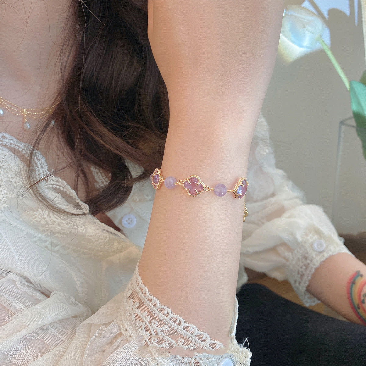 New Arrival! Amethyst and Moonstone Bracelet for Women - Clover Design, Summer Chic, Light Luxury Gift for Best Friends