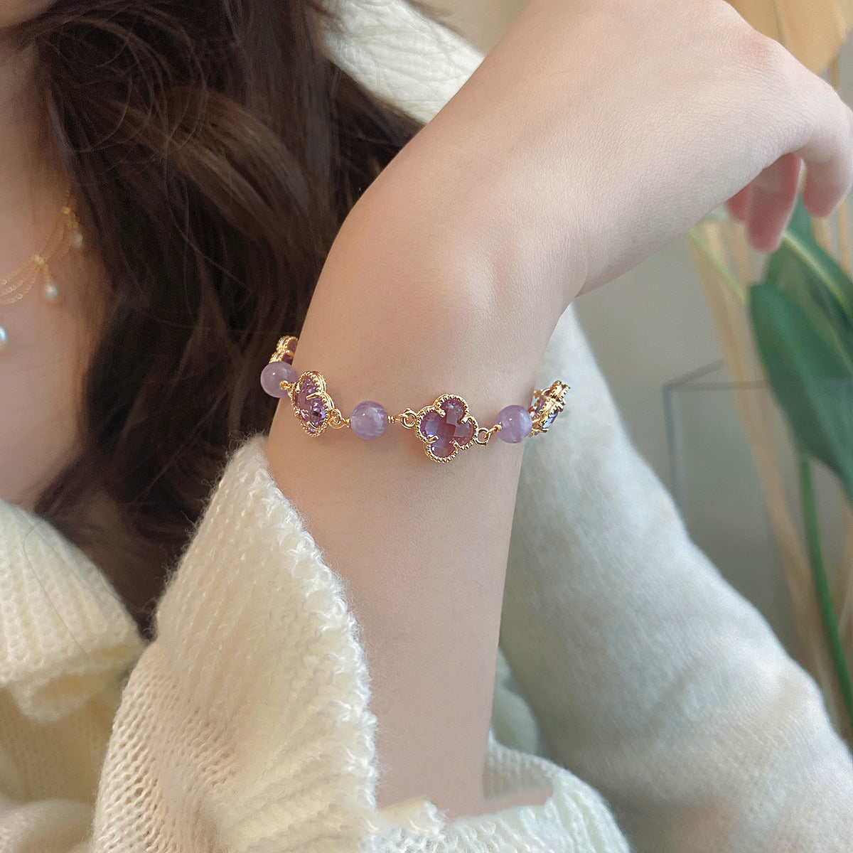 New Arrival! Amethyst and Moonstone Bracelet for Women - Clover Design, Summer Chic, Light Luxury Gift for Best Friends